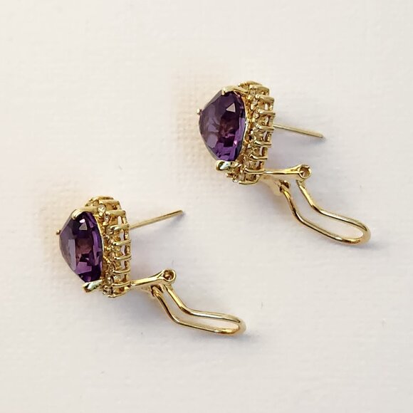 Vtg 80's 4.69g 14K Gold Natural Amethyst & Diamond Omega Back Earrings - Picture 8 of 15